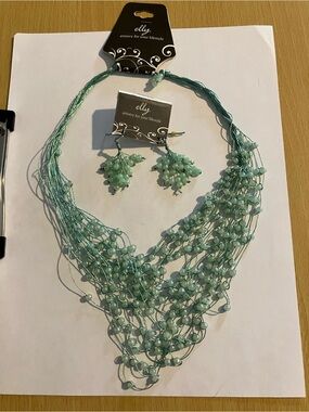 Elly Mint Green Multi-Strand Beaded Necklace with Cluster Drop Earrings